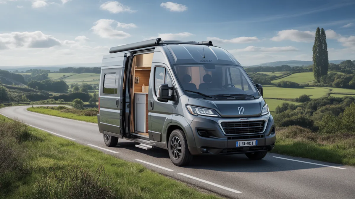 Fourgon aménagé en camping-car, porte latérale ouverte sur l'aménagement bois, à l'arrêt sur une route de campagne